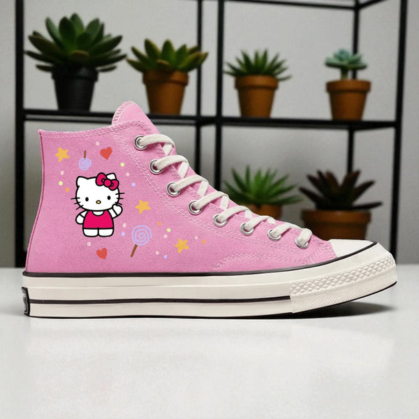 Hello Kitty Converse pink embroidered high top canvas shoes with white rubber sole and laces