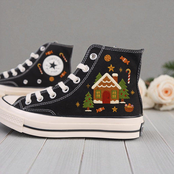 Christmas Converse black high top embroidered shoes with gingerbread house candy cane and tree design