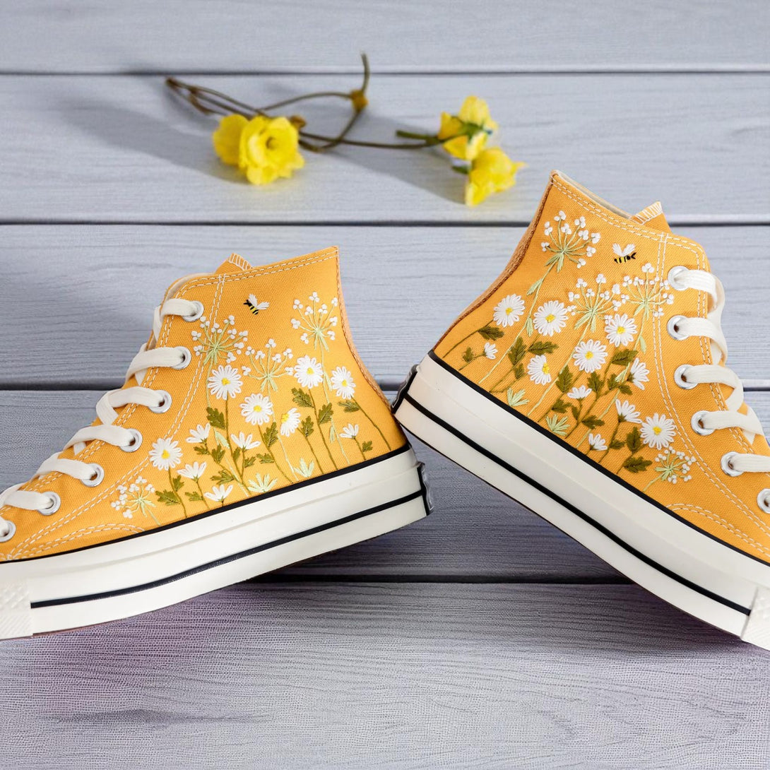 Daisy Embroidered Converse yellow high top embroidered shoes with white daisies by Stitchery Zone