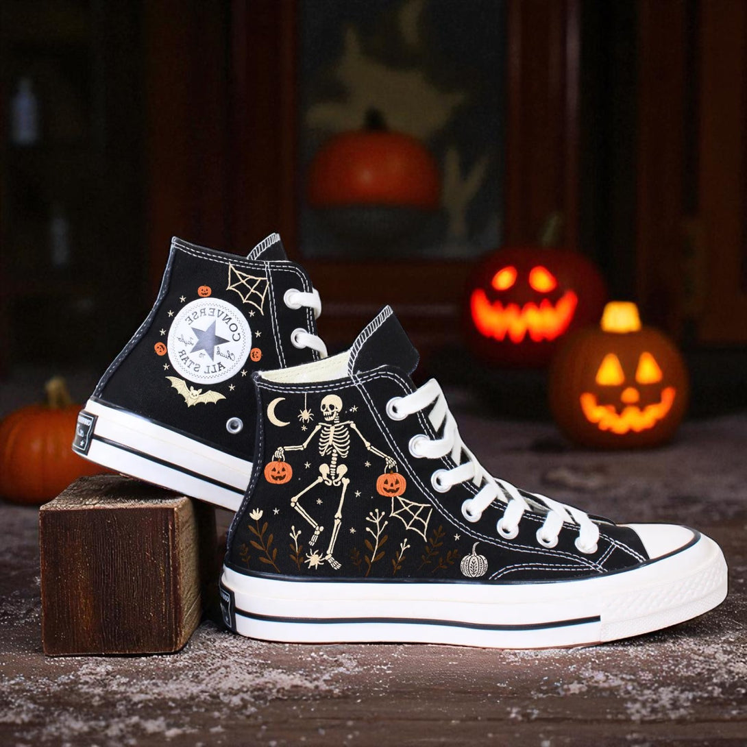 Custom Skeleton Converse embroidered black high top shoes with skeleton pumpkin and spiderweb Halloween design