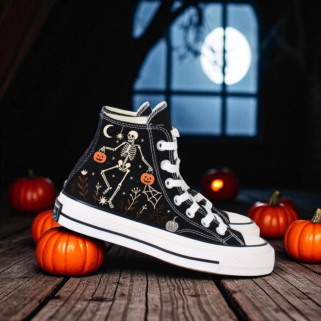 Custom Skeleton Converse black embroidered high top with dancing skeleton pumpkins moon scene
