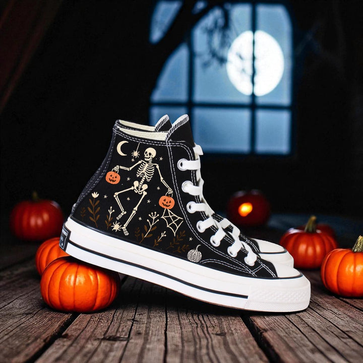 Custom Skeleton Converse black embroidered high top with dancing skeleton pumpkins moon scene
