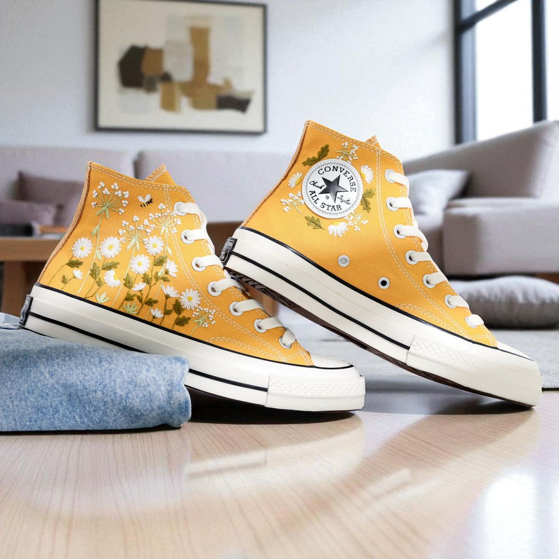 Daisy Embroidered Converse high top shoes in mustard yellow with white daisy embroidery by Stitchery Zone