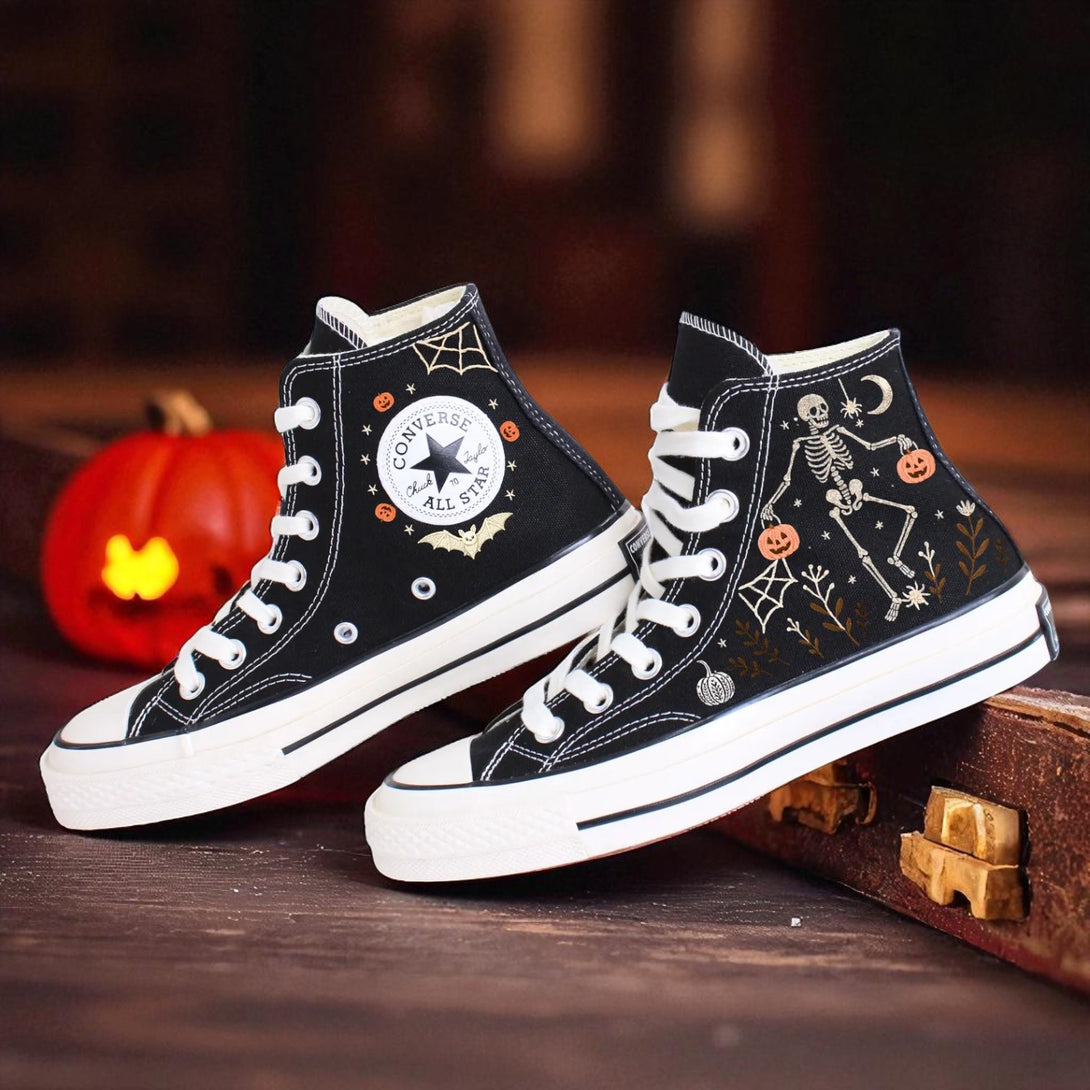 Custom Skeleton Converse black embroidered high top shoes with skeleton pumpkins and spiderwebs