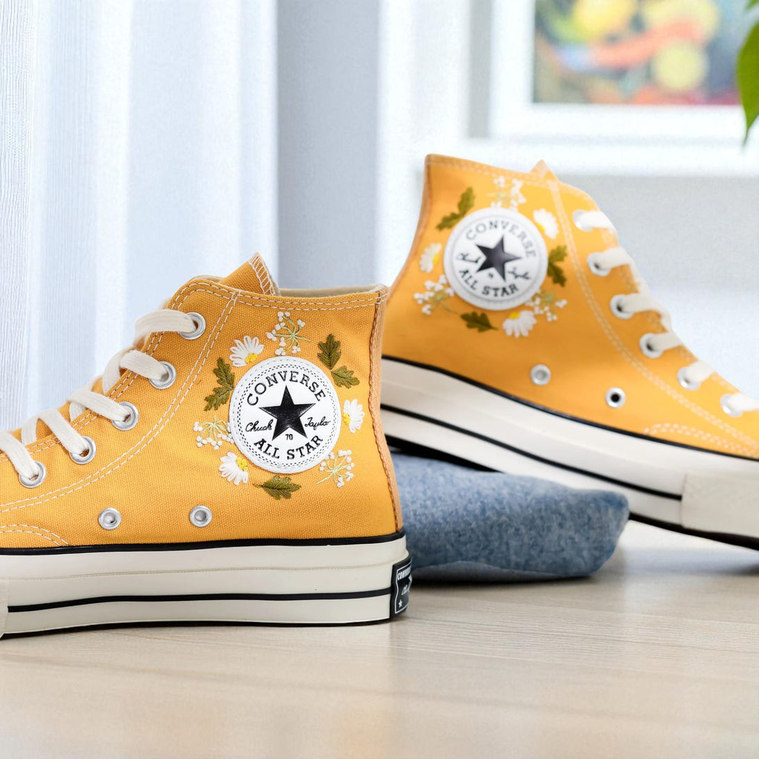 Stitchery Zone Daisy Embroidered Converse high top yellow canvas shoes with white daisies and classic white sole