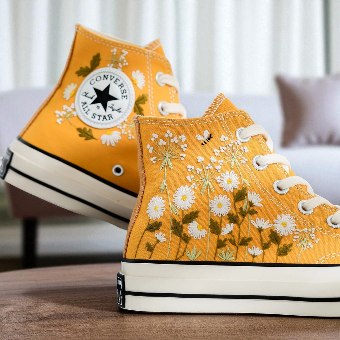 Daisy Embroidered Converse high top shoes by Stitchery Zone in mustard yellow with white daisy embroidery