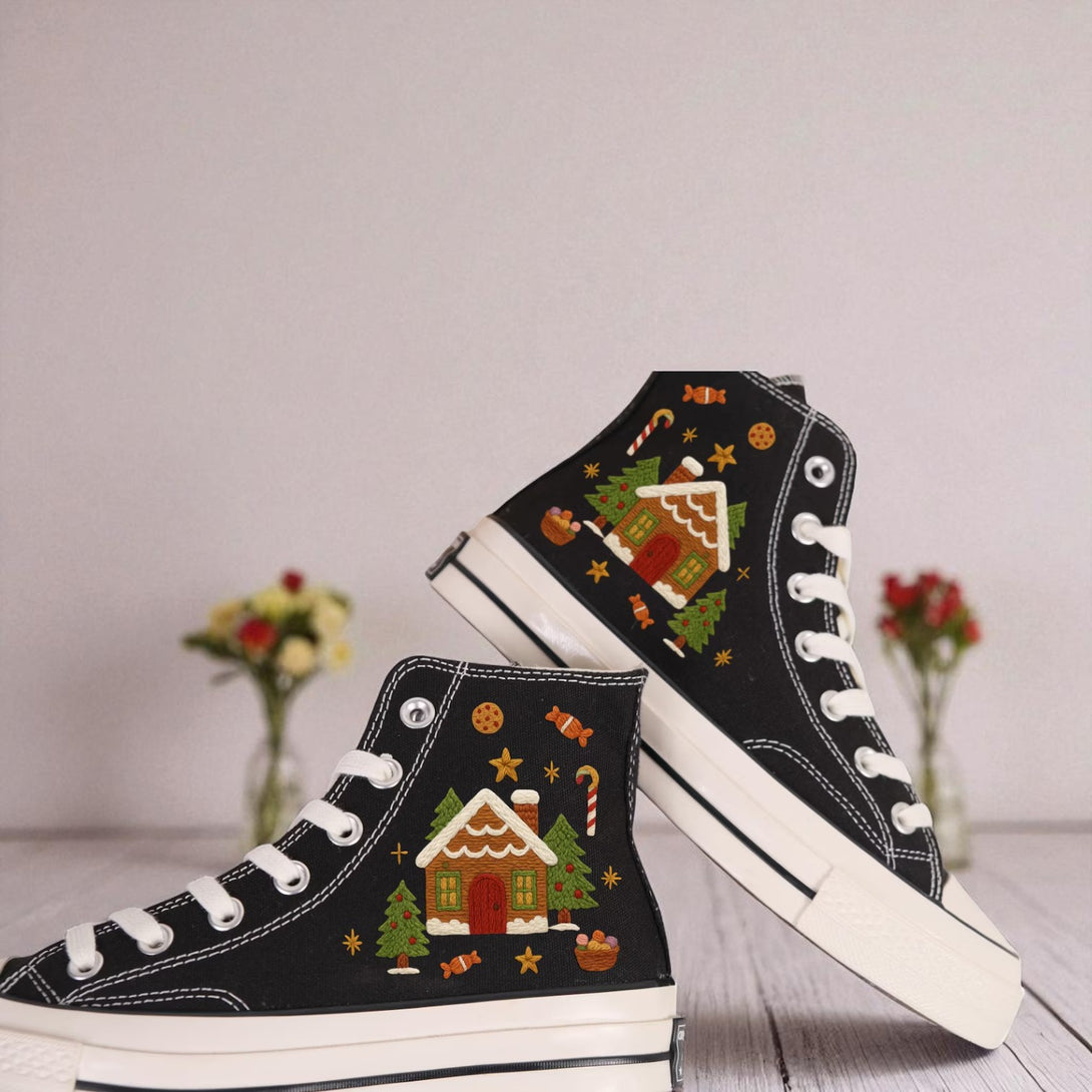 Christmas Converse black high top embroidered shoes with gingerbread house candy cane cookie motifs
