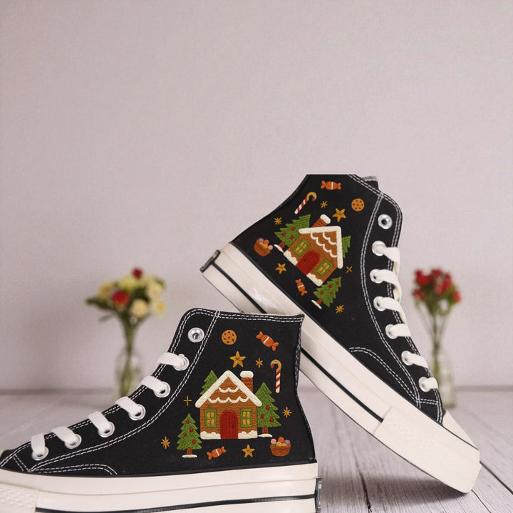 Christmas Converse black high top embroidered shoes with gingerbread house candy cane cookie motifs