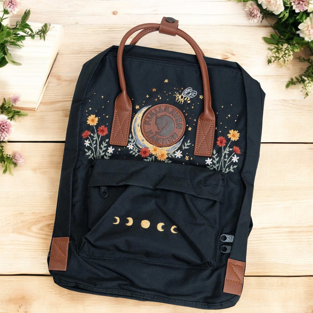 Stitchery Zone Kanken Laptop 13 Backpack in black with floral embroidery and leather accents