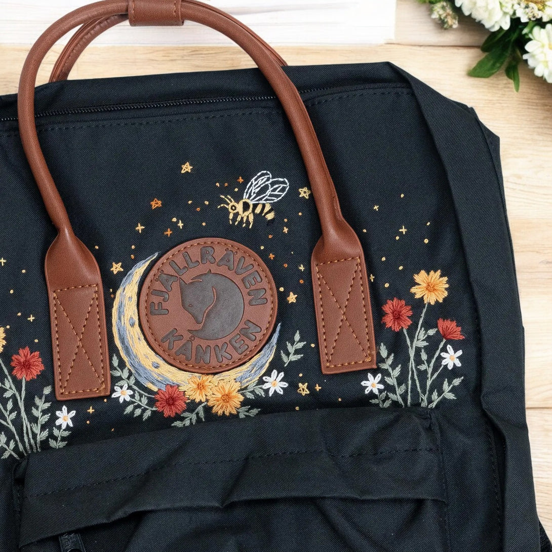 Stitchery Zone Kanken Laptop 13 Backpack with Floral Embroidery and Leather Accents