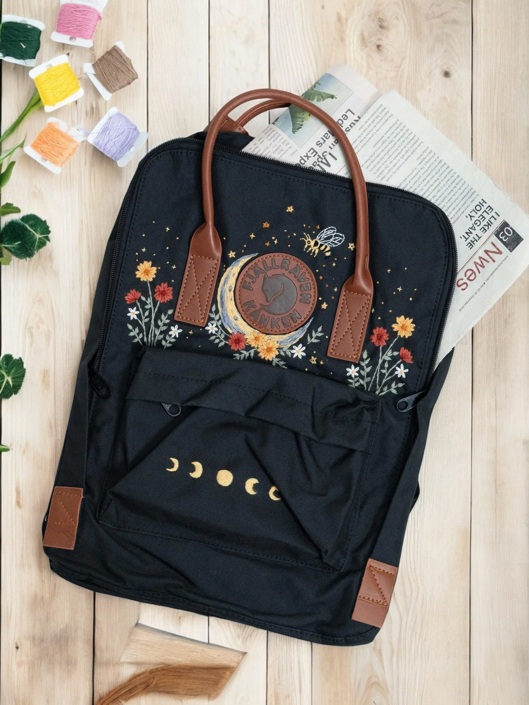 Stitchery Zone Kanken Laptop 13 Backpack with Floral Embroidery and Brown Leather Straps