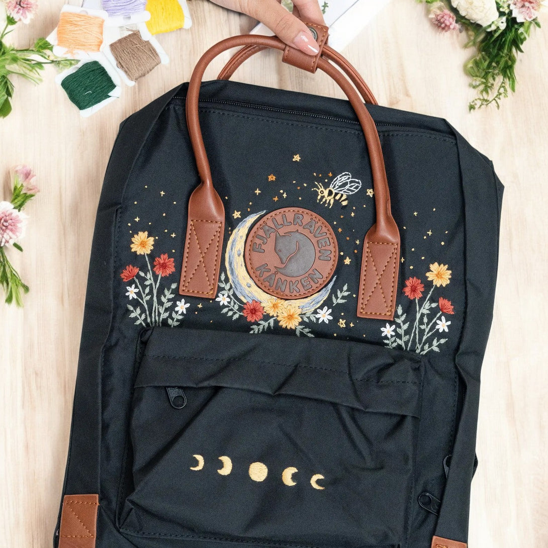 Stitchery Zone Kanken Laptop 13 Backpack with Floral Embroidery and Leather Straps