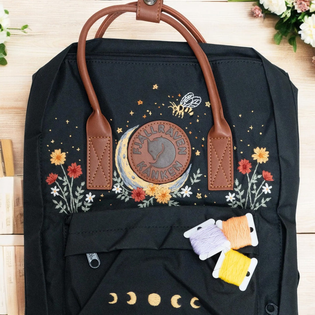 Stitchery Zone Kanken Laptop 13 Backpack with Floral Embroidery and Brown Leather Handles