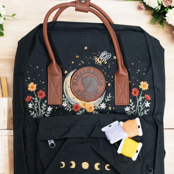 Stitchery Zone Kanken Laptop 13 Backpack with Floral Embroidery and Brown Leather Handles