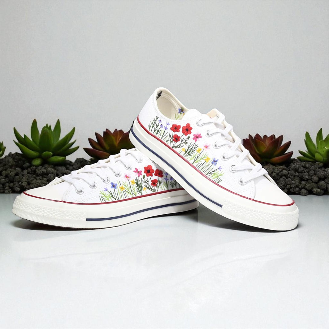 Stitchery Zone embroidered white ladies dress shoes for wedding with floral design on the sides