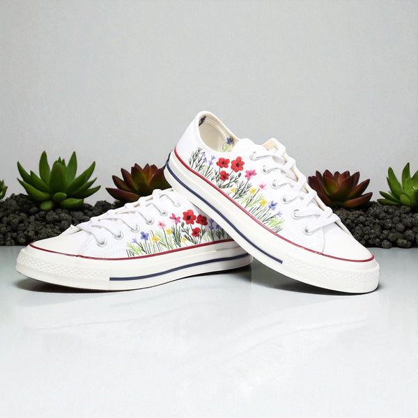 Stitchery Zone embroidered white ladies dress shoes for wedding with floral design on the sides