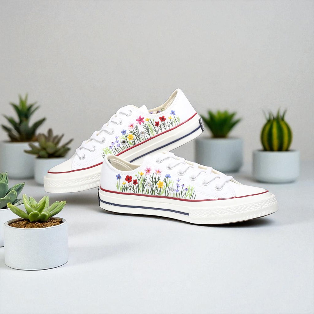 Stitchery Zone embroidered white ladies dress shoes for wedding with colorful floral design