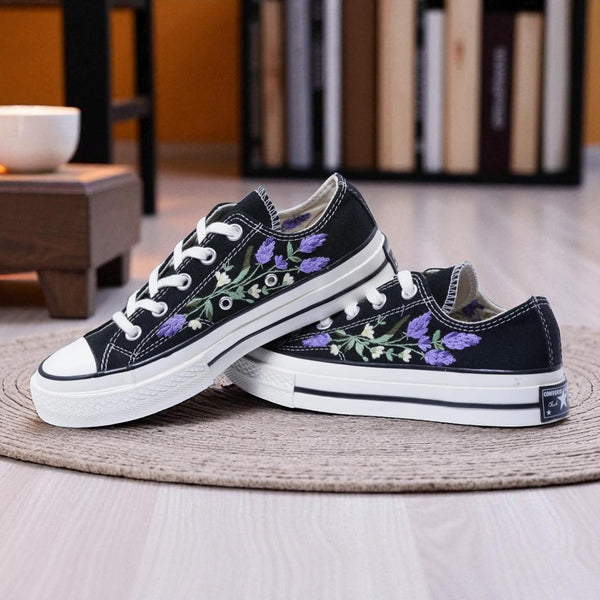 Stitchery Zone embroidered wedding shoes for bride Lavender Design black canvas sneakers with floral lavender embroidery