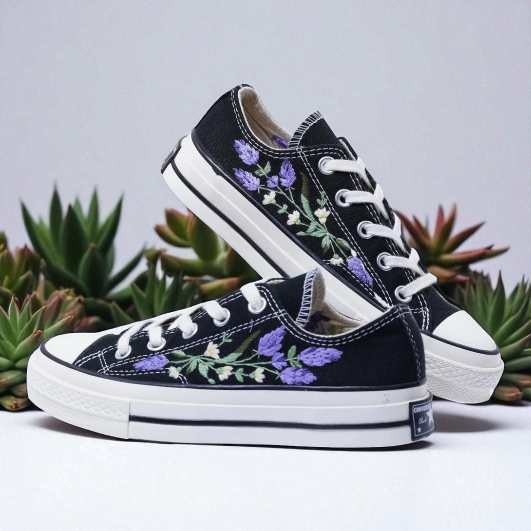 Stitchery Zone embroidered shoes featuring wedding shoes for bride Lavender Design with purple floral embroidery