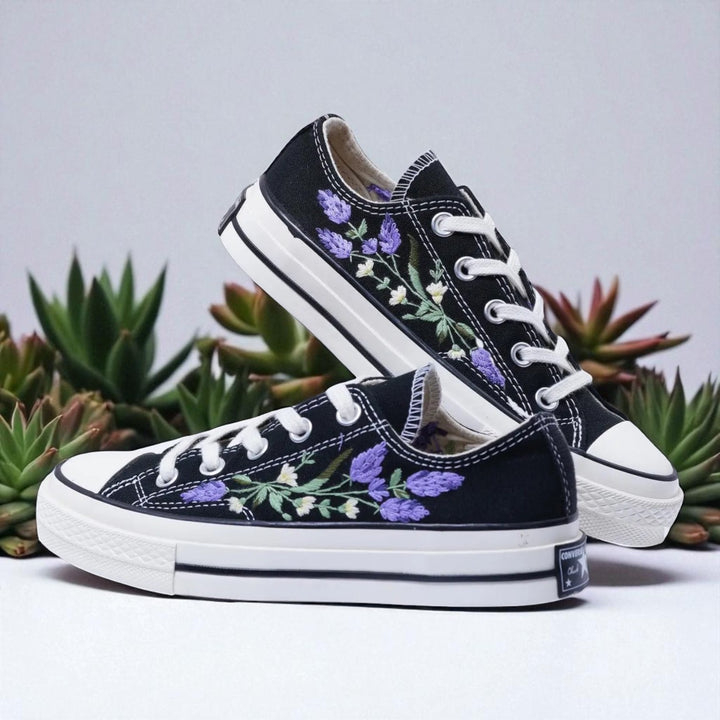 Stitchery Zone embroidered shoes featuring wedding shoes for bride Lavender Design with purple floral embroidery