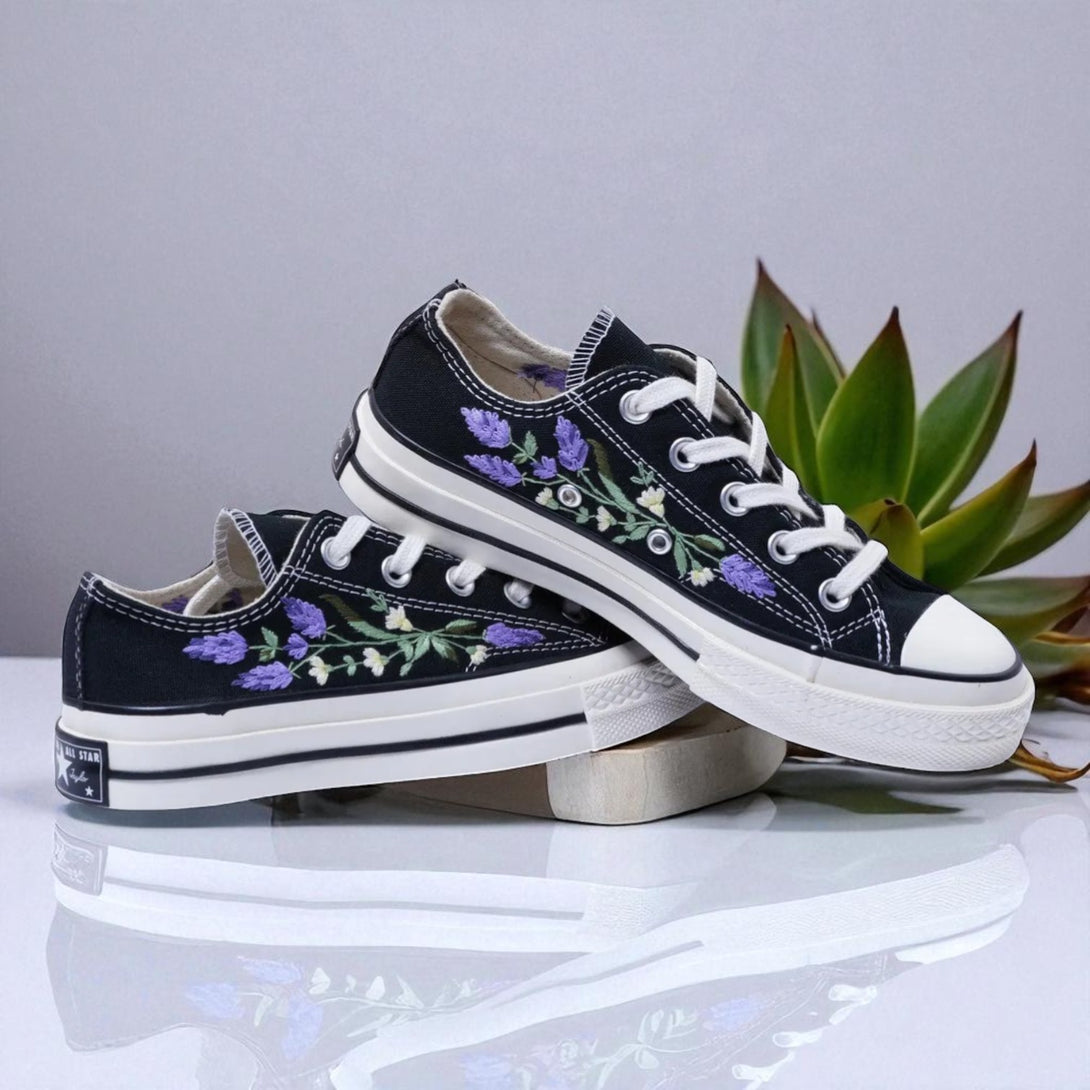 Wedding shoes for bride Lavender Design embroidered black canvas sneakers by Stitchery Zone