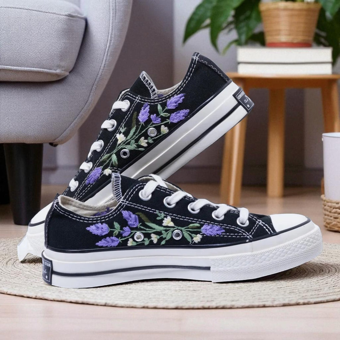 Stitchery Zone embroidered shoes wedding shoes for bride Lavender Design black canvas sneakers with purple floral embroidery