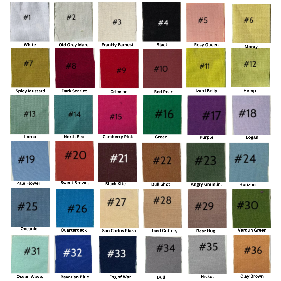 Vegetable Embroidery Linen Apron color swatches in 36 shades from Stitchery Zone including white, black, crimson, green, navy, and brown