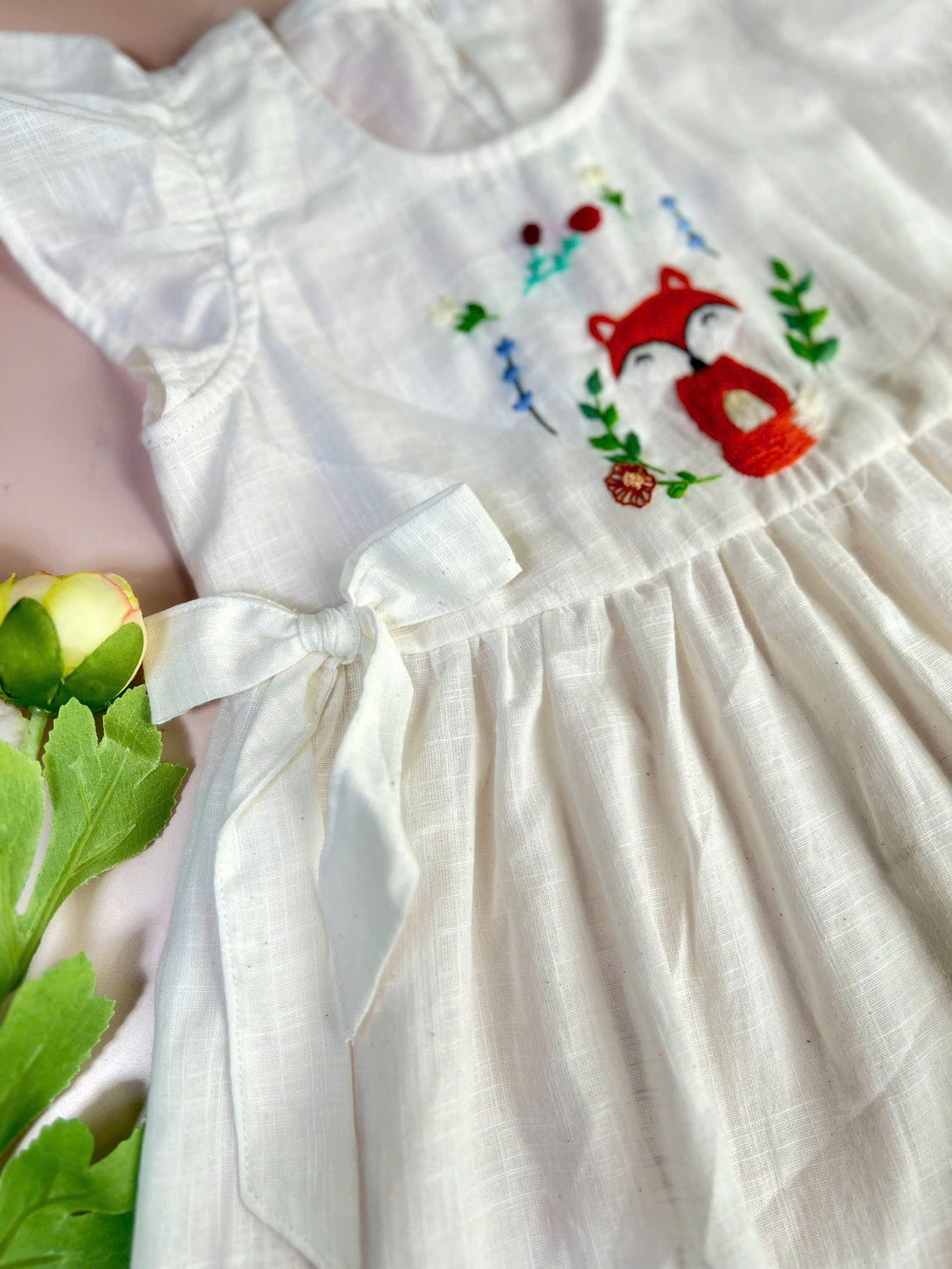 Stitchery Zone little fox cotton dress with embroidered fox and floral details in white fabric
