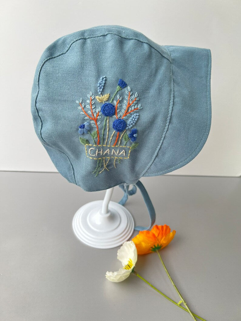 Vintage Hand Embroidered Linen Baby Bonnet With Flowers - Stitchery Zone