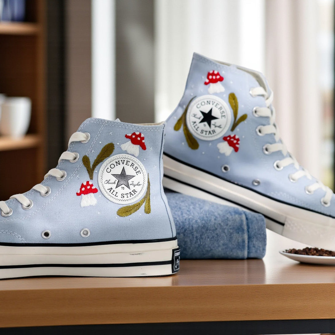 Mushroom Converse embroidered shoes in light blue with floral designs and classic high-top style