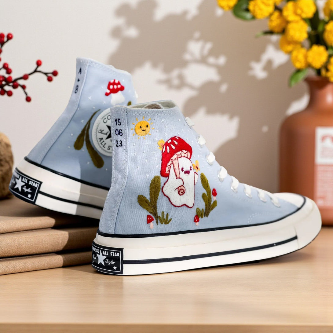 Mushroom Converse high-top shoes with colorful embroidery and whimsical mushroom designs