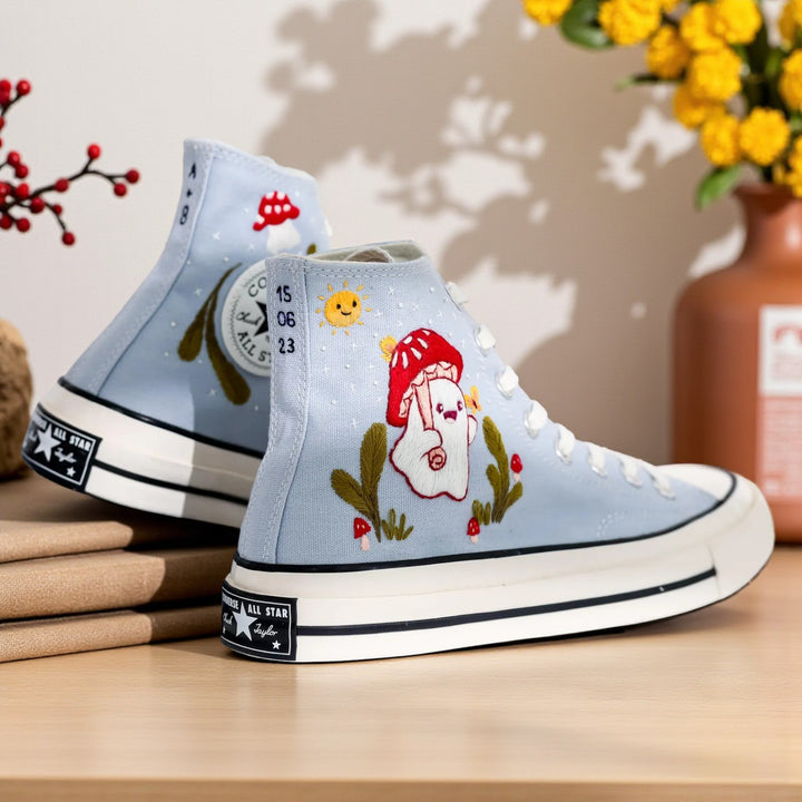 Mushroom Converse high-top shoes with colorful embroidery and whimsical mushroom designs