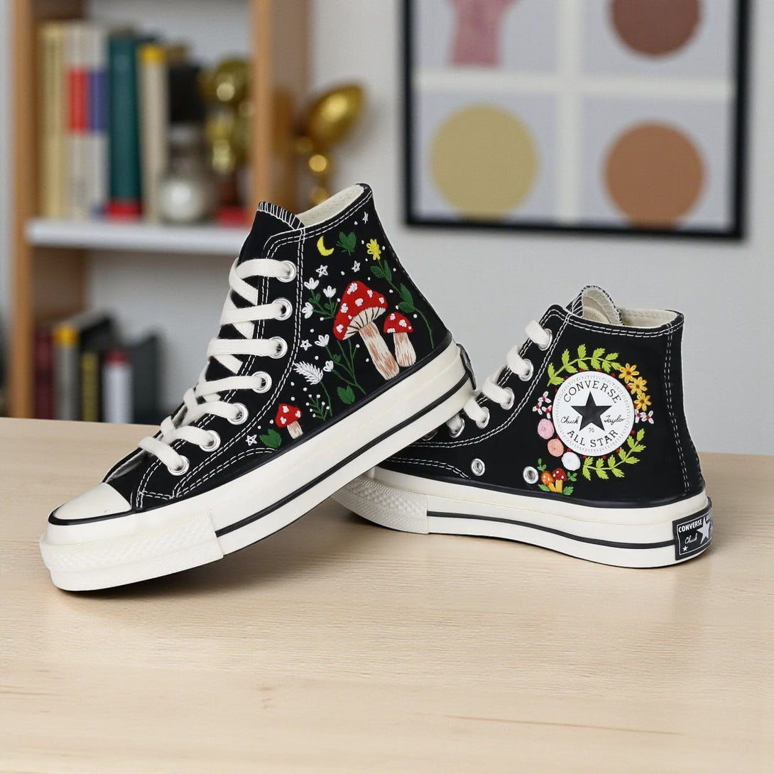 Mushroom Converse High Tops featuring vibrant embroidered designs and classic black canvas