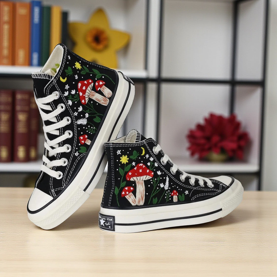 Mushroom Converse High Tops with Colorful Embroidery and Classic Black Canvas Design
