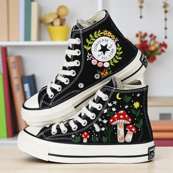 Mushroom Converse High Tops with Colorful Floral Embroidery and Classic Black Canvas Design