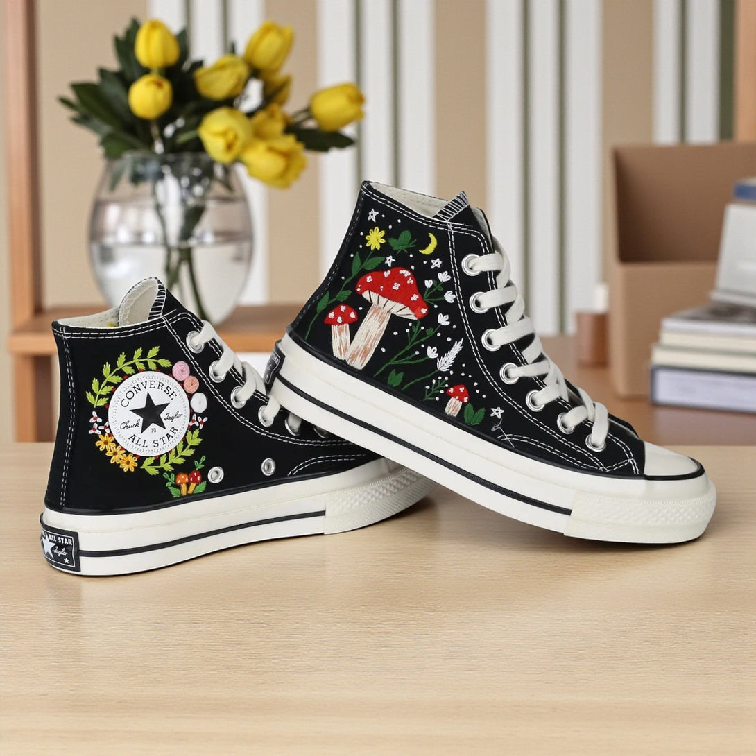 Mushroom Converse High Tops featuring colorful embroidery of mushrooms and floral designs