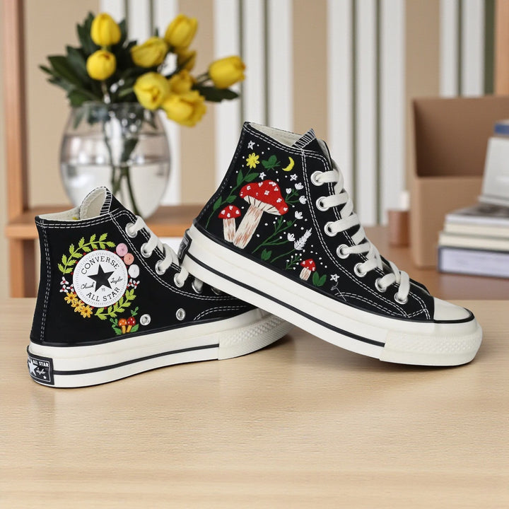 Mushroom Converse High Tops featuring colorful embroidery of mushrooms and floral designs