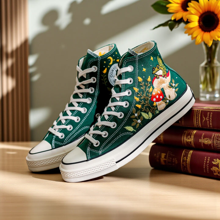 Mushroom Converse Shoes featuring vibrant embroidered designs on a green canvas upper