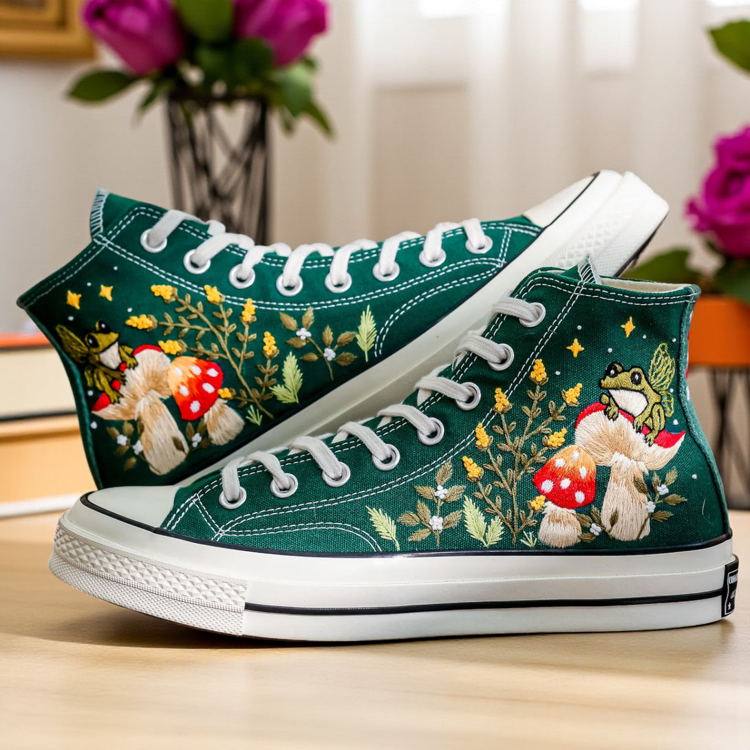 Mushroom Converse Shoes featuring vibrant embroidery and a whimsical forest design