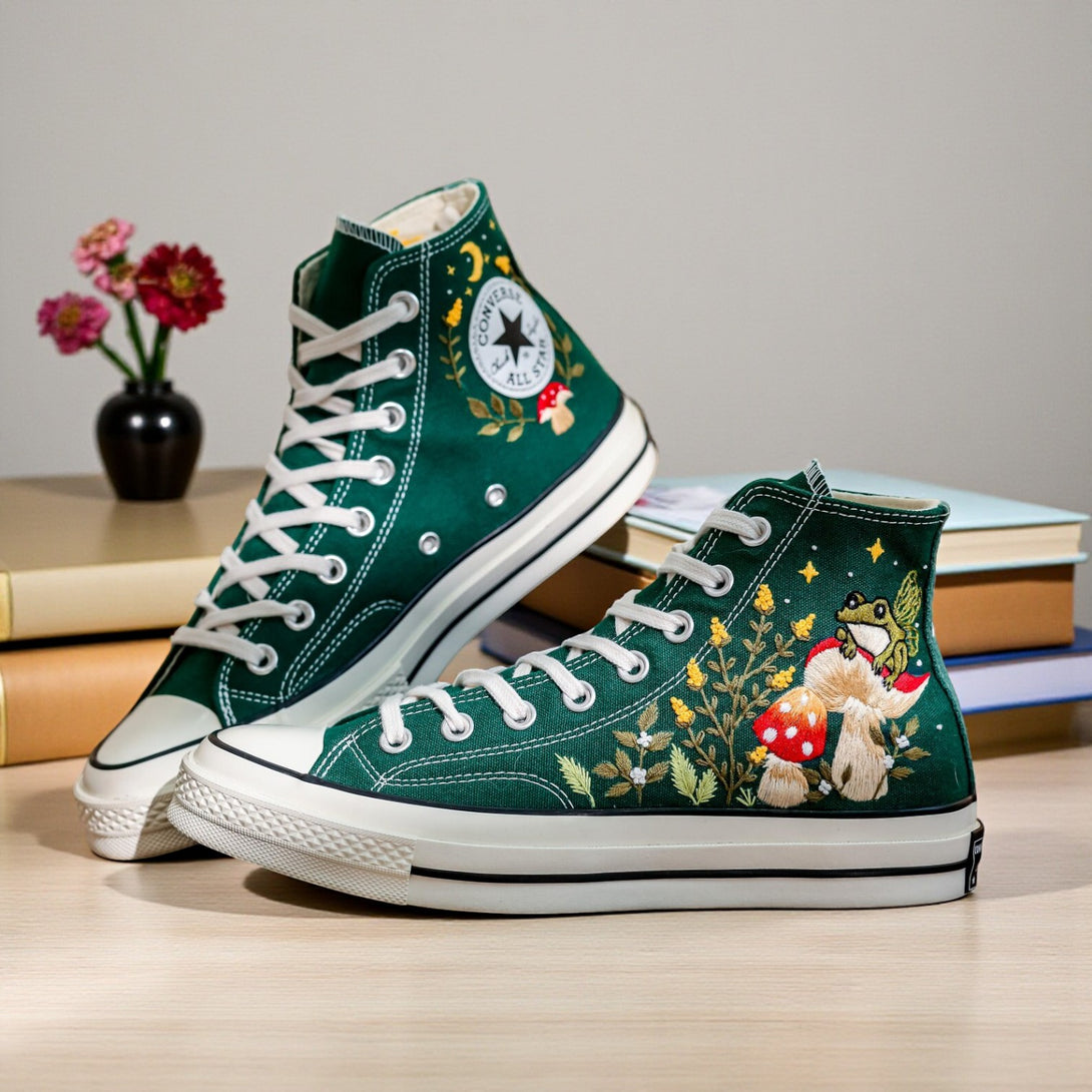 Mushroom Converse Shoes featuring vibrant embroidery and a unique design for stylish footwear