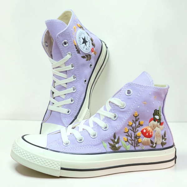 Mushroom Converse Shoes in lavender with floral embroidery and a whimsical design for casual wear