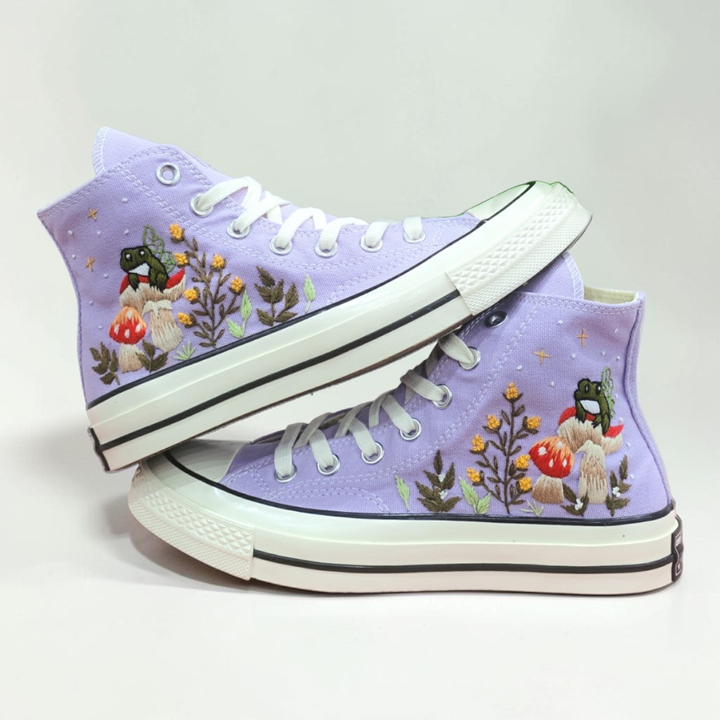 lavender flower converse Converse Hand-Embroidered Mushroom High Top Shoes