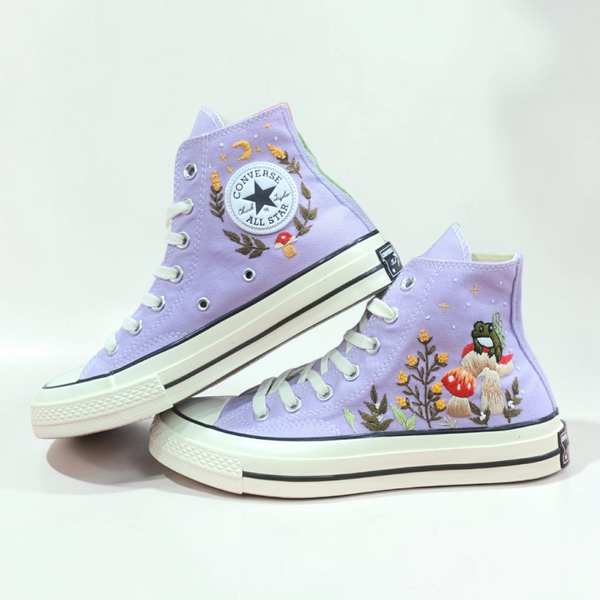 Mushroom Converse Shoes in lavender with embroidered designs of mushrooms and a cute frog