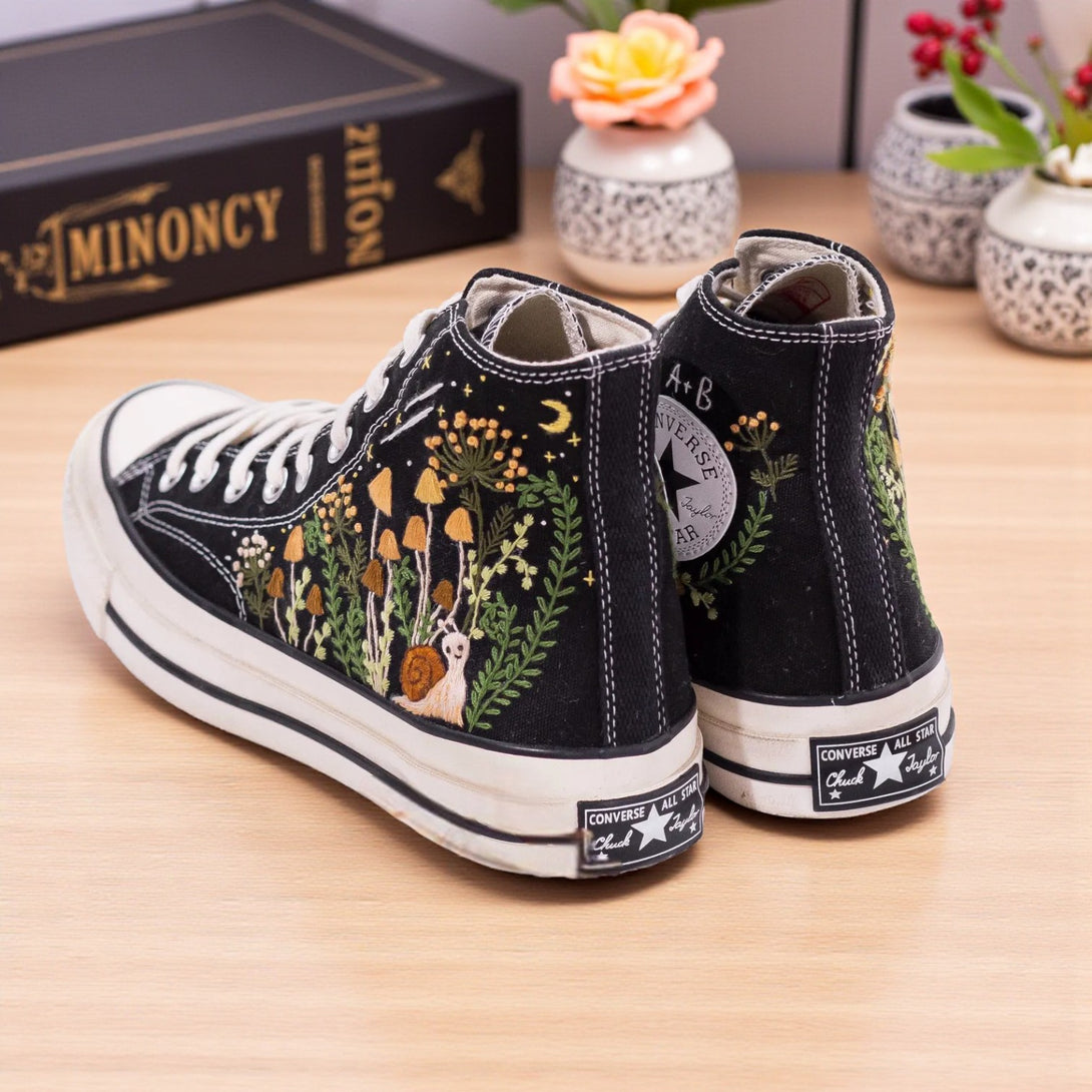 Mushroom Embroidered Converse high-top shoes featuring vibrant nature designs on black canvas