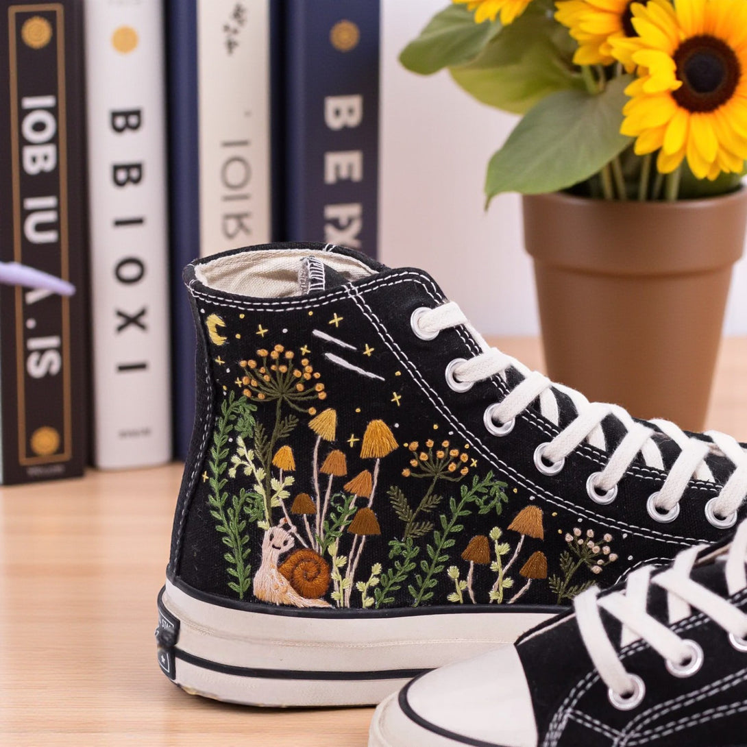Mushroom Embroidered Converse featuring unique floral and animal designs on a black canvas shoe