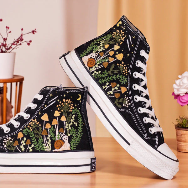 Mushroom Embroidered Converse featuring intricate plant and snail designs on a black canvas shoe