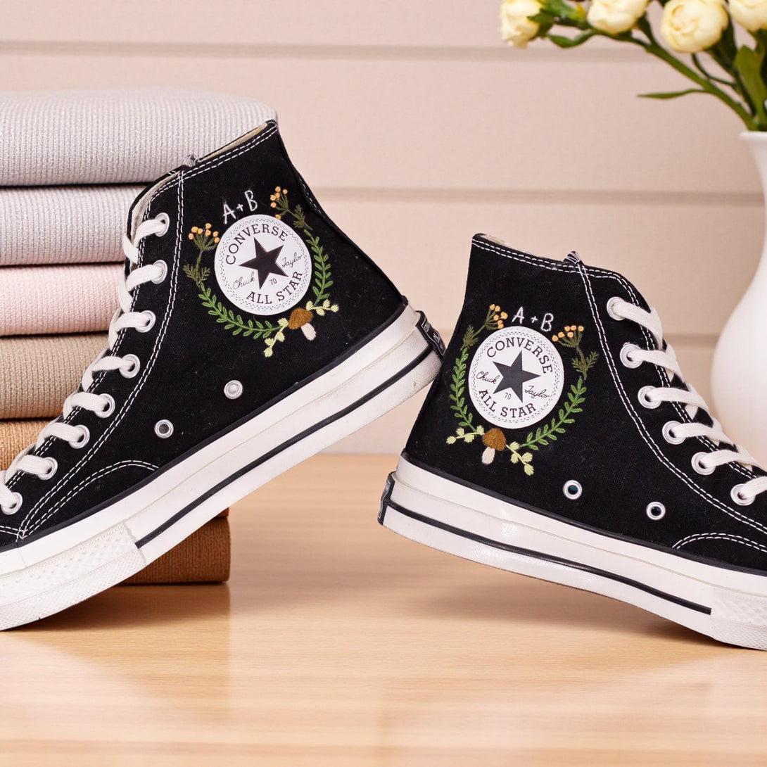 Mushroom Embroidered Converse high-top shoes with unique floral design and classic black canvas