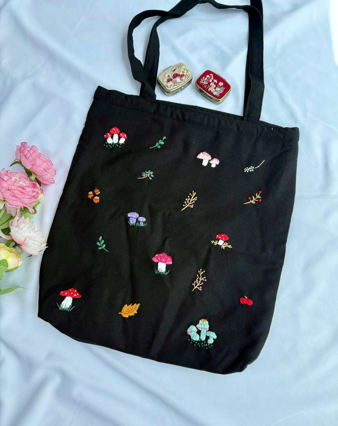Stitchery Zone black Mushroom Embroidered Tote Bag with colorful mushroom and floral designs