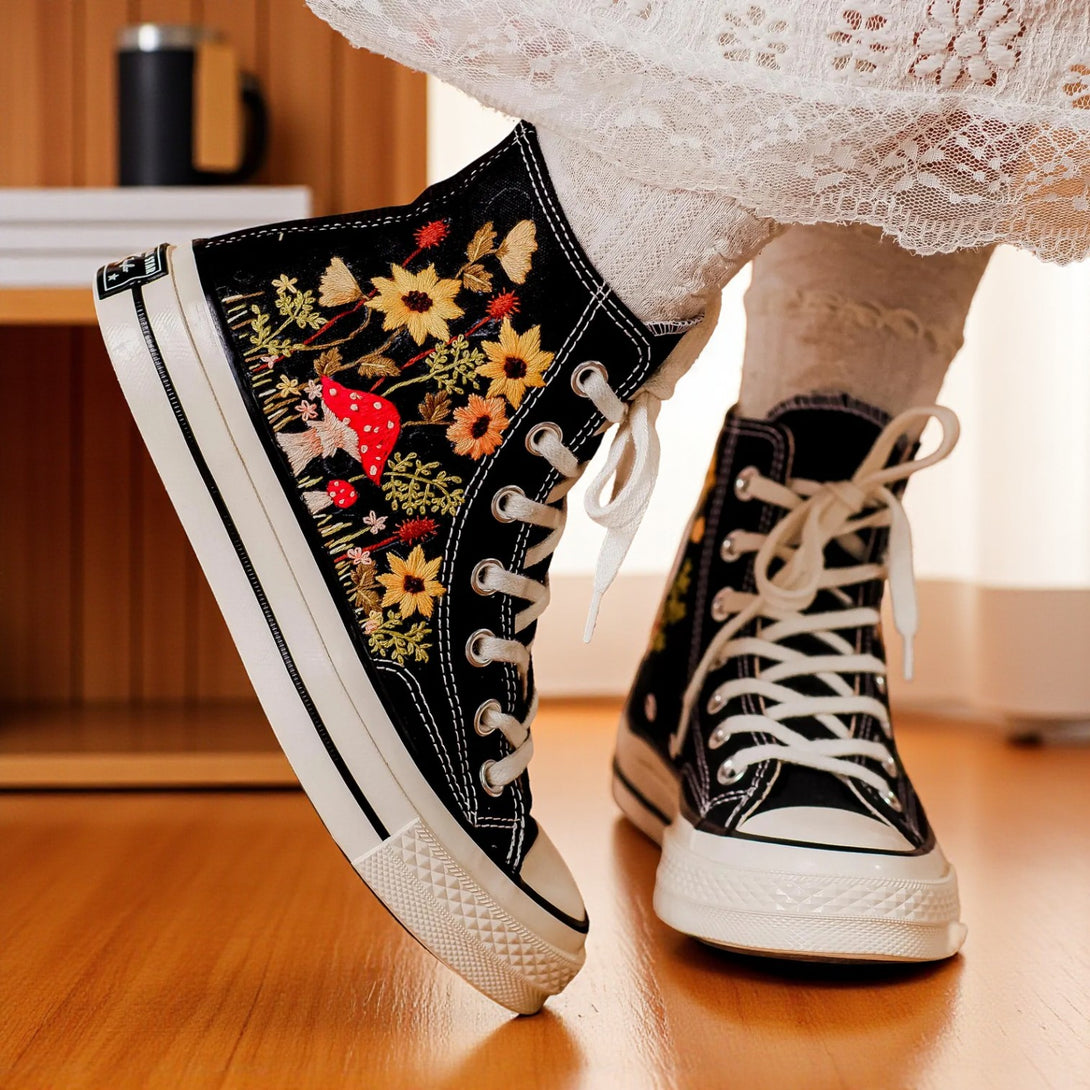 Mushroom High Top Converse with colorful floral and mushroom embroidery for a stylish look