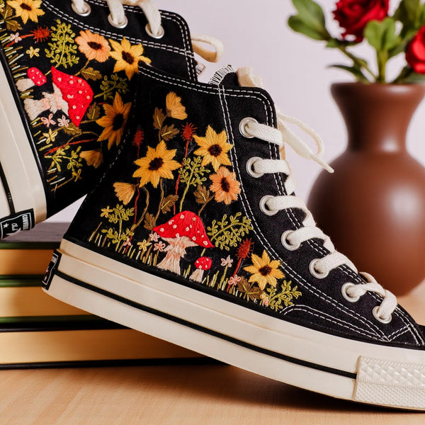 Mushroom High Top Converse with vibrant floral embroidery featuring mushrooms and sunflowers